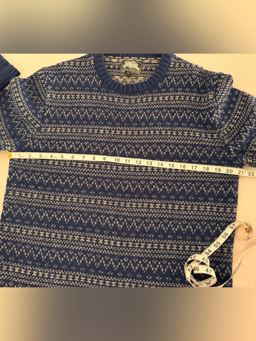 Roots Canada Wool Blend Fair Isle Knit Sweater Large Blue Grey Pullover L - Picture 8 of 8